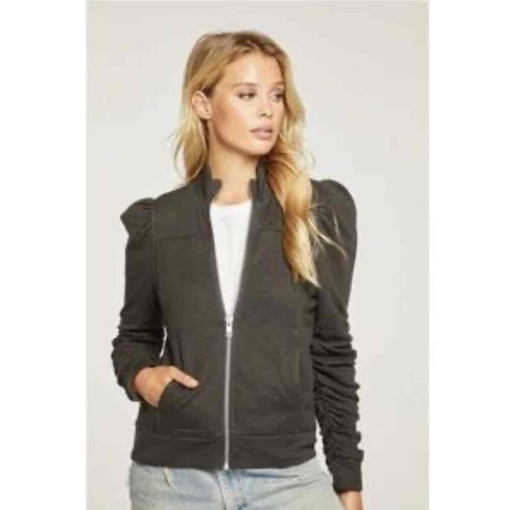Chasor‎ Vintage Black Zipper Puffed Sleeves Jacket Womens Large Comfy Everyday